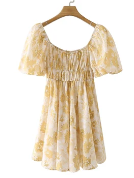 YENKYE Uus Naiste Vintage Kollase Õie Printida Seksikas Maha Õla Suvine Kleit Elastne Vöökoht Daamid Vabaaja Lühikesed Vestido