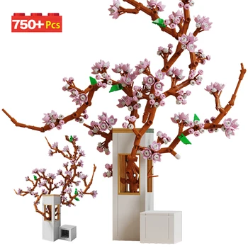 750pcs Linna Cherry Blossom Flower Ornament ehitusplokid Sõbrad Koju Kimp Teenetemärgi Joonised Tellised Mänguasjad Lastele Kingitused