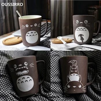 350 / 520ml Cartoon Totoro suure jõudlusega Käsitsi valmistatud Keraamiline Kohvi Kruus Koos kaane Ja Lusikaga Jäätunud Keraamika Office Kohvi Tassi