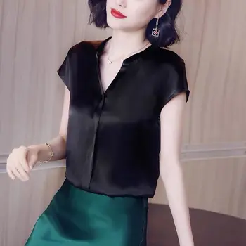 Korea Fashion Kunstlik siidist Pluusid Naistele Elegantne seksikas V-kaelus Atsetaat satiin särgid Valge Must Blusas tops Mujer De Moda