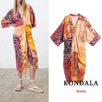 KONDALA Za 2021 Stiilne Vintage Õie Printida Kimono Kleit V Kaela Sügis Pikk Kleit Boho Kleit Elegantne Puhkus Vestidos