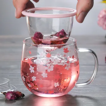 300ml Jaapani Klaasist Tassi Tee Infuser Filter&Lid Kirsi Õied Lill Teacup Läbipaistev kuumakindel joogiklaasid