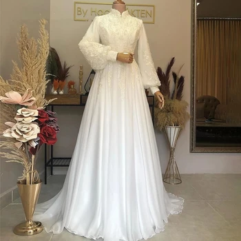 Nii Ebi Araabia Moslemi Pulmad Kleidid, Kõrge Kaeluse Pits Abielu Pruudi Hommikumantlid Maroko Täis Varrukad Lady Ametlik Abielu Pluss-Suurus