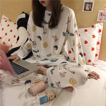 Naiste Pyjama Set Puuvillane Pidžaama korea Versiooni Pikkade varrukatega Homewear Sobiks Lahti Suured Kaks rõivakomplekti Pluss Suurus