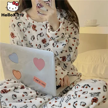 Sanrio Hello Kitty Pidžaama Naiste Rõivaste Komplekti Kawaii Lapp Paks Ülikond, Naiste ja Kodu Riideid, Cartoon Pehme Nightwear Topid Püksid