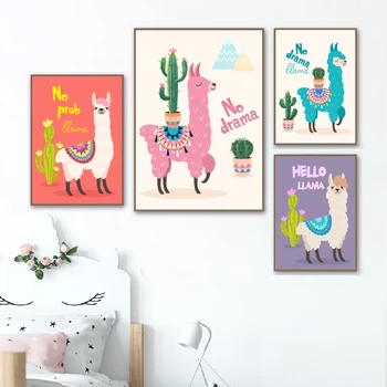 Lasteaed Decor Pildid ja Plakatid Cartoon Laama Koos Cactus Lõuendile Maali Armas Loom Alpaca Pildi Beebi Toas Seina Kaunistamiseks