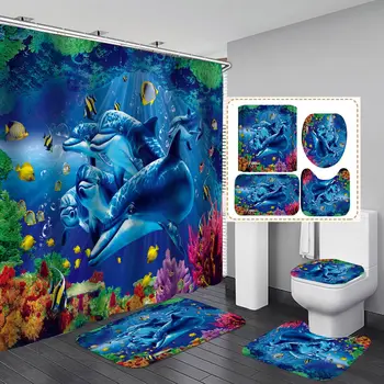 Blue Ocean Dolphin 3D-Printimine Veekindel Kangas, Dušš Kardinate Komplekt Vannituba Kardin Wc Kaas Matt, Mitte Tõsta Vaipa Home Decor