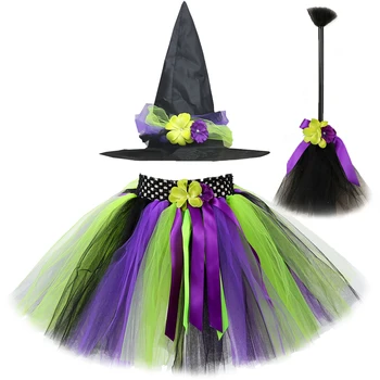Nõid Tüdrukud Tutu Seelik Lapsed Halloween Cosplay Kostüümid Tüdruk Printsess Tülli Seelikud, Nõid Müts Magic Broom Laps hästi tihe võrgu sarnane kangas