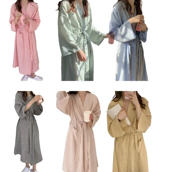 Naiste Pikad Varrukad Kimono Hommikumantel, millel on Taskud V-Kaelus Avatud, Ees Vöö Pikk Hommikumantel Väike Ruuduline Prindi Lahti Nightgowns 37JB